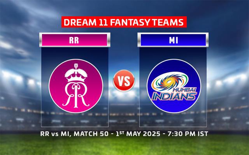 RR vs MI ke liye Dream11 Prediction, IPL 2025: Rajasthan Royals aur Mumbai Indians ke beech 50th match ke liye Fantasy XI kaise banayein. 

(or in a more casual tone)
RR vs MI ke match ke liye Dream11 Prediction, IPL 2025: Rajasthan Royals vs Mumbai Indians, 50th match ke Fantasy XI banao!